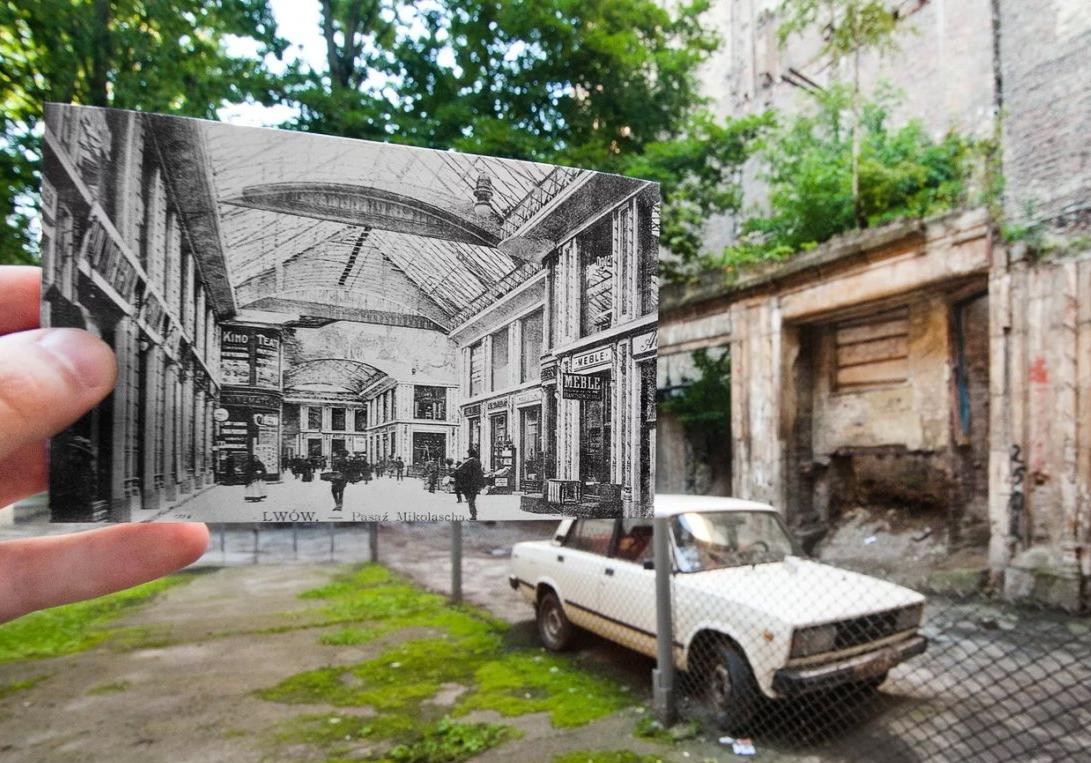 Історичне фото пасажу Міколяша на тлі руїн пасажу у дворі на вул. Коперника. Фото Миколи Кравцова