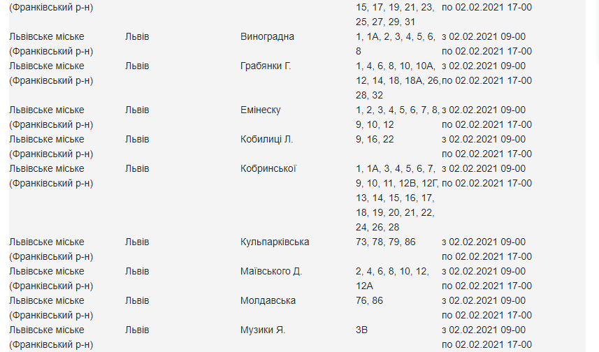 2 лютого у п'ятьох районах Львова зникне світло: адреси