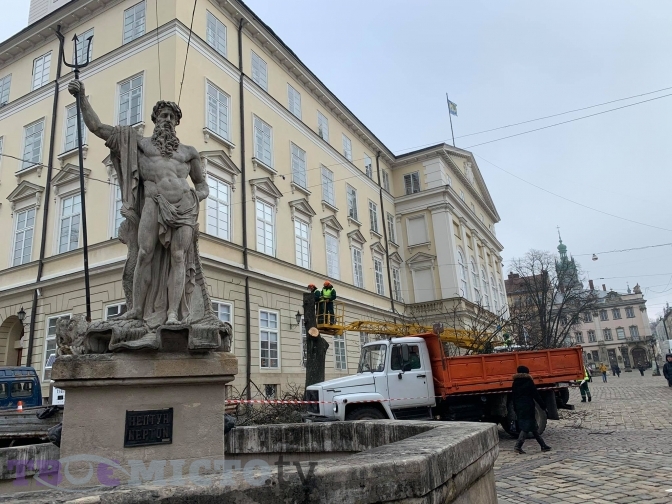 На площі Ринок зрізали столітній каштан, невдовзі пилятимуть липу. Фото: Тvoemisto.tv