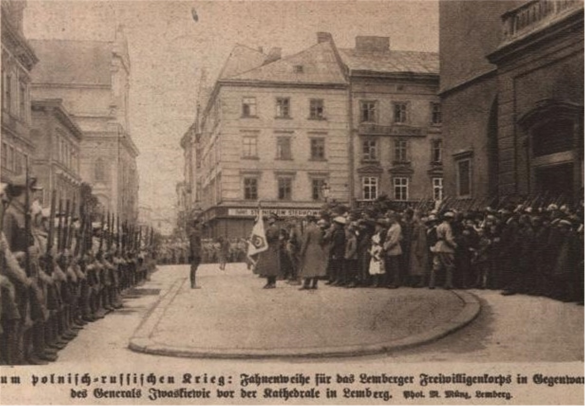 Посвячення штандарту першого полку Добровольчої армії у Львові біля катедрального костелу, Das interessante Blatt, 1920 рік.