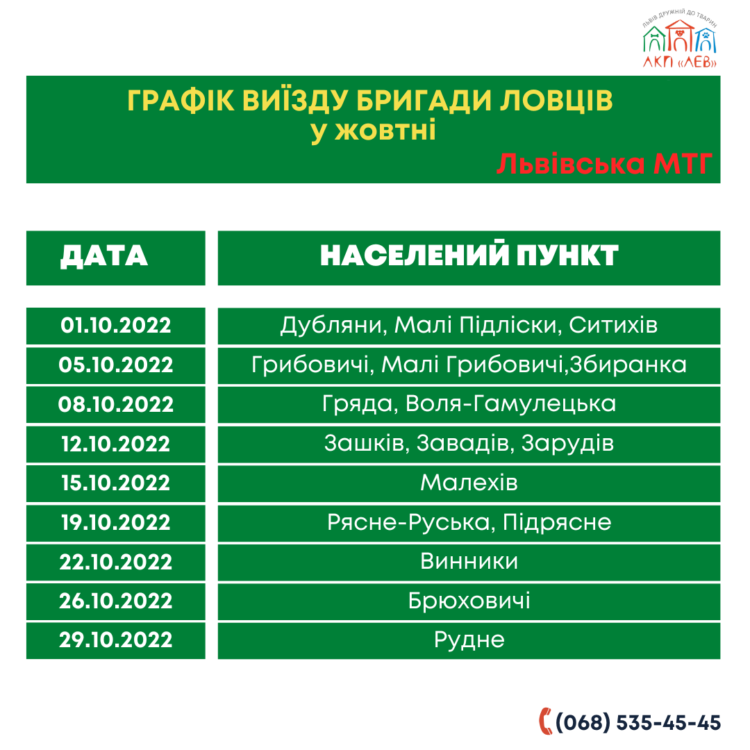 Опубліковано графік роботи ловців безпритульних собак у Львові на жовтень.
