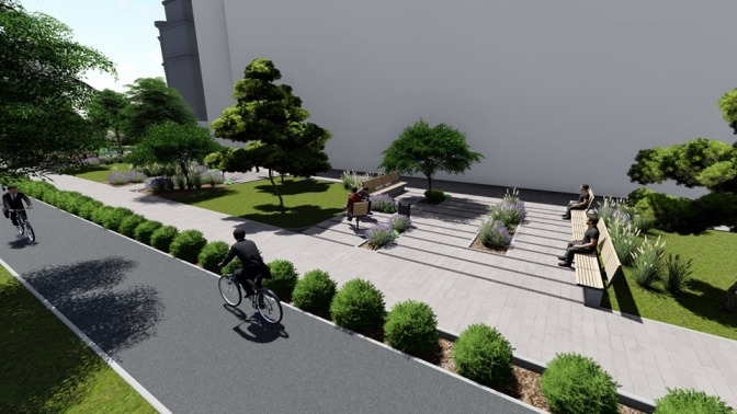 На оновленій вулиці будуть відпочинкові зони із лавочками та вуличними стільцями. .Візуалізація  ЛКП &laquo;Інститут просторового розвитку&raquo;. 