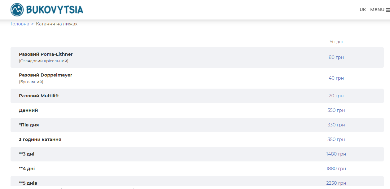 Катання на лижах на Буковиці: ціни 2020-2021. Скріншот із сайту Bukovytsia.com.