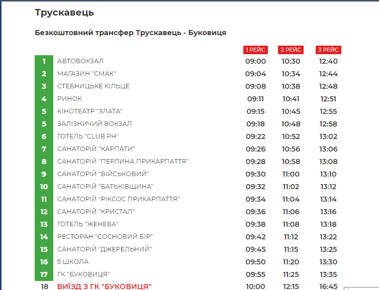 Розклад безкоштовного автобуса з Трускавця на гірськолижний комплекс Буковиця. Скріншот із сайту Bukovytsia.com.