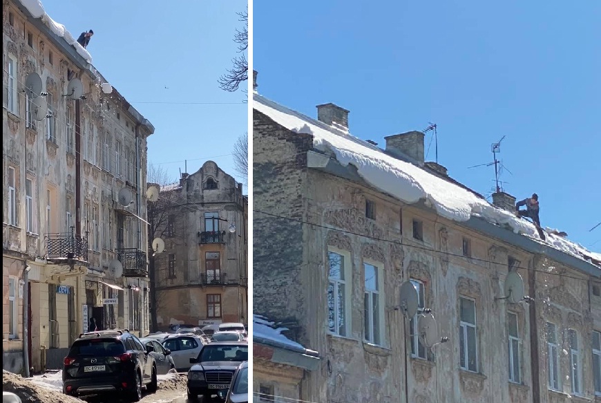 Тільки ві Львові: чоловік скидав сніг з даху багатоповерхівки на тротуар фото 1