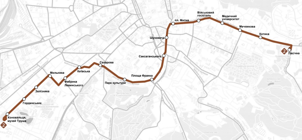 Схема руху трамвайного маршруту №2 у Львові на 19 січня