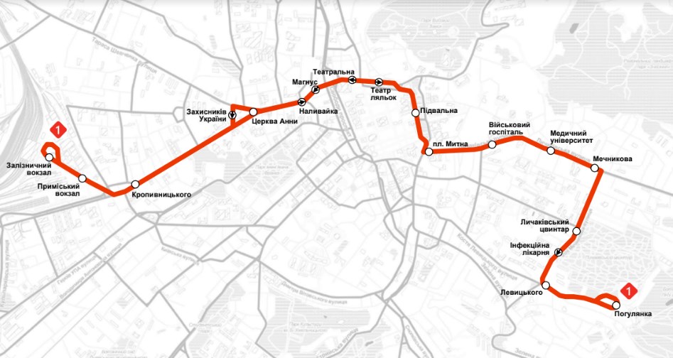 Схема руху трамвайного маршруту №1 у Львові на 19 січня