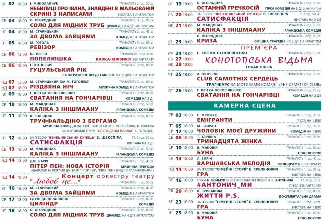 Афіша театру імені Марії Заньковецької на лютий: фото 1