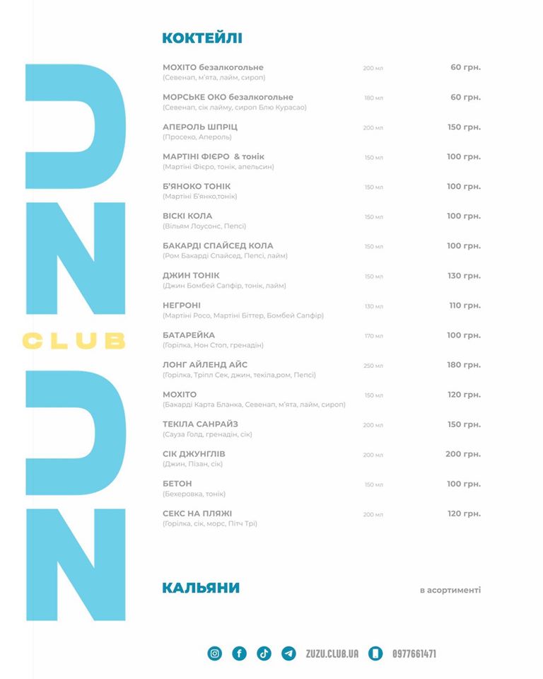 Меню. Фото: «ZuZu Beach Club»