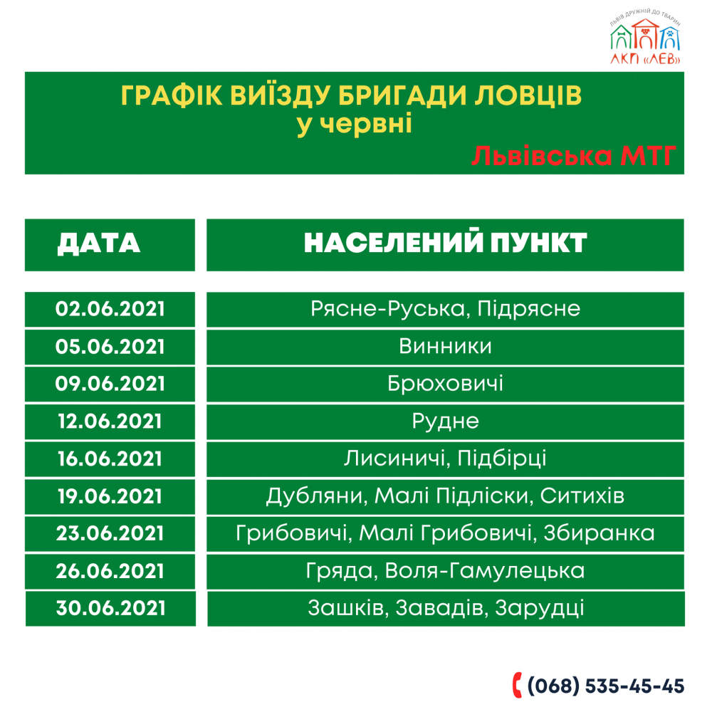 Графік виїзду бригади ловців. Фото: ЛКП "Лев"