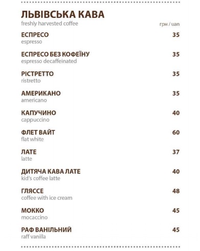 Кавове меню.